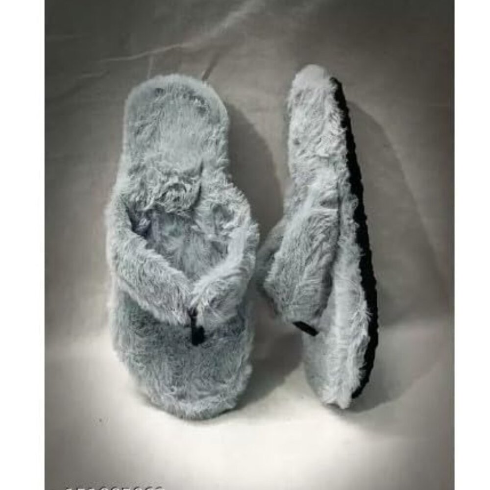 Sale Yug Cozy Grey Faux Fur Slippers Soft Plush Indoor Flip Flops Gray 7